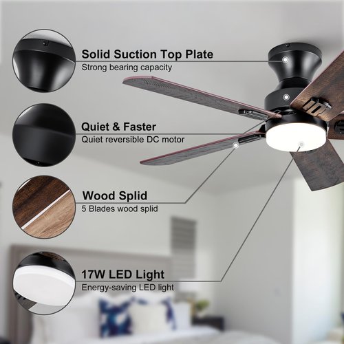 KENSID 42 Inch Black Ceiling fans with lights and Remote,Low Profile Flush Mount Modern Ceiling Fan with Light, 5 blades,Dimmable LED Light,Wall Switch,Indoor Outdoor Ceiling Fan for Bedroom