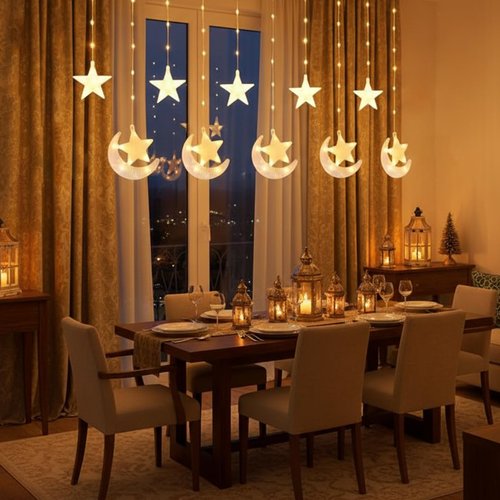 Fadraney Ramadan Curtain String Lights, 110 LED Warm White Window Lights with 10 Hanging Star & Moon Ornaments, 8 Modes Plug-in Star Moon Window Decor for Ramadan Eid Mubarak Home Balcony Mandir