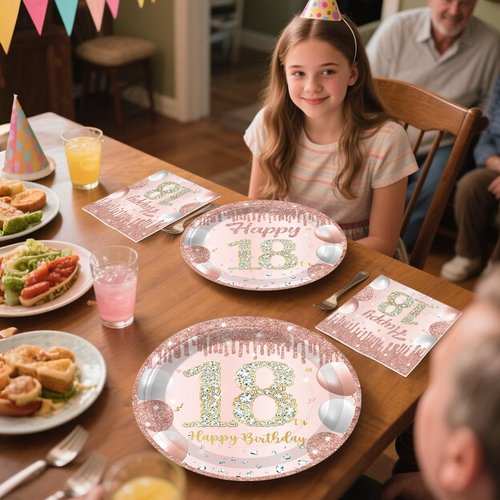 193pcs Rose Gold 18th Birthday Decorations for Girls with Tableware Set, Banner, Hanging, Tablecloth, Cupcake Topper, Centerpieces, Balloon, for Happy 18 Years Birthday Party, Serves 25