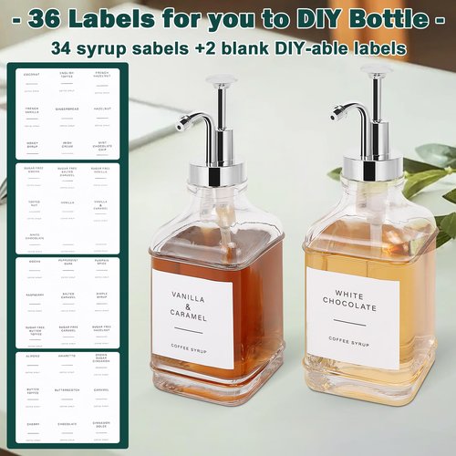 BathAce Coffee Syrup Dispenser for Coffee Bar, Clear Glass Syrup Bottles with Pump, Refillable Maple Syrup Storage, Coffee Station Accessories and Organizer, 500ml, Set of 2 (Chrome Finish)