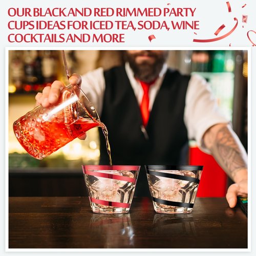 Gejoy 9 oz Rimmed Swirl Plastic Cups Disposable Wine Drinking Cups Clear Elegant Easter St Patrick Tumblers for Wedding Party Supplies(100 Pcs,Red, Black)