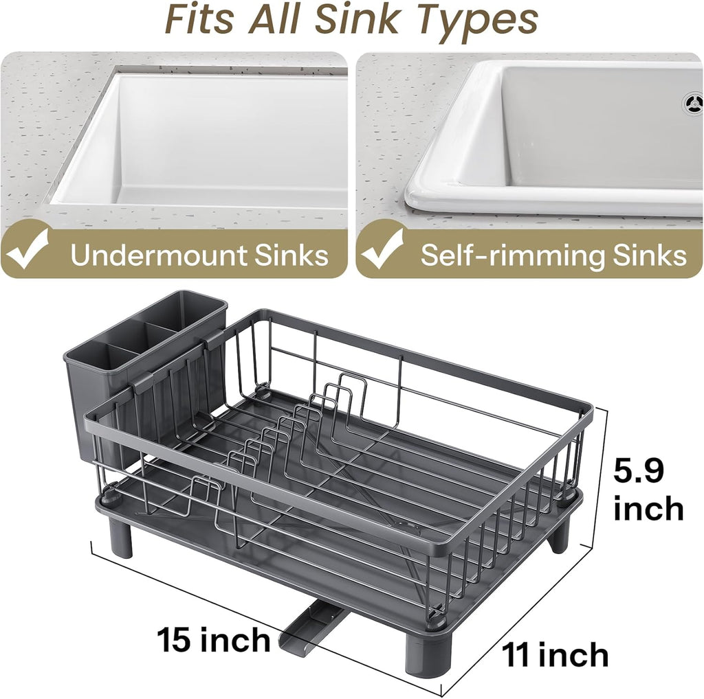 SNTD Dish Drying Rack - Stainless Steel Kitchen Dish Drainer with Utensil Holder | 11" W x 15" L (Grey)