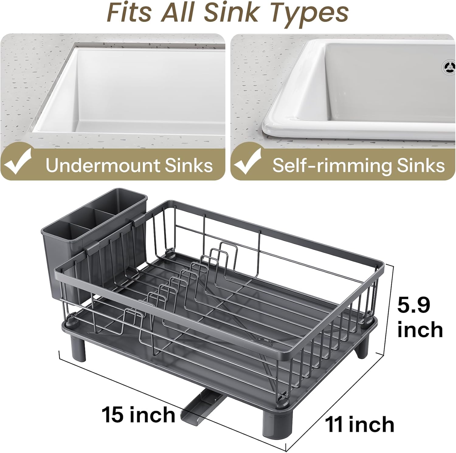 SNTD Dish Drying Rack - Stainless Steel Kitchen Dish Drainer with Utensil Holder | 11" W x 15" L (Grey)
