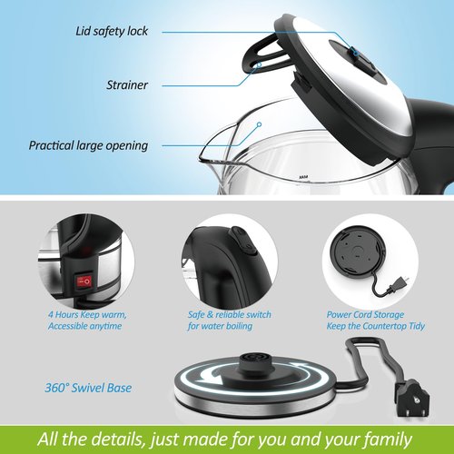 NISVITU Glass & Stainless Steel Cordless Electric kettle for boiling water, Hot water boiler Electric Tea Kettle automatic shut off Boil-Dry Protection, PC Outer + Glass Inner, 1500W, 1.7L, BK