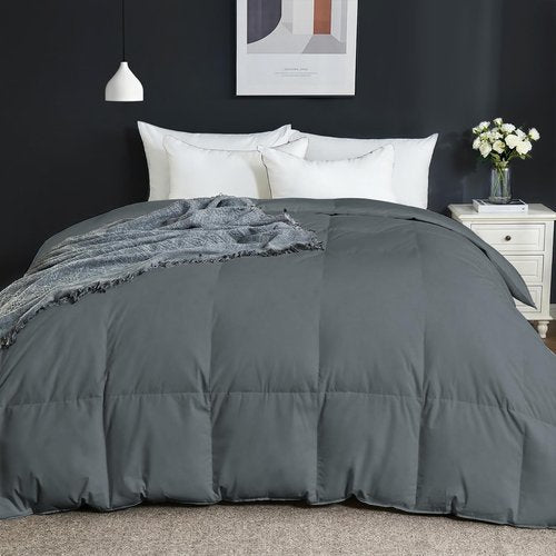 Goose Feather Comforter Queen Size, Duvet Insert All Season Queen, Bed Comforter Quilted Hotel Luxury Fluffy 100% Cotton Blanket with 8 Corner Tabs, 90 x 90 Inch, Grey, Machine Washable