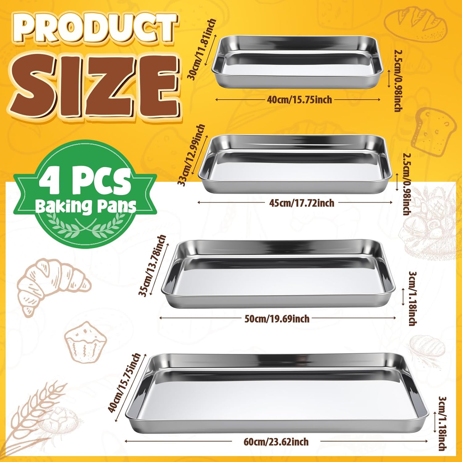 Skiennix Stainless Steel Baking Pans - 4 Pack Commercial Grade Cookie Sheets | Heavy Duty, Non-Stick, 16/18/20/24 Inch