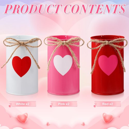 Domensi 6 Pcs Valentine's Day Vases Decor Valentines Table Centerpiece Red Pink Heart Galvanized Metal Vases for Flowers Utensil Holder Jar for Kitchen Home Wedding Galentine's Day Party Decorations