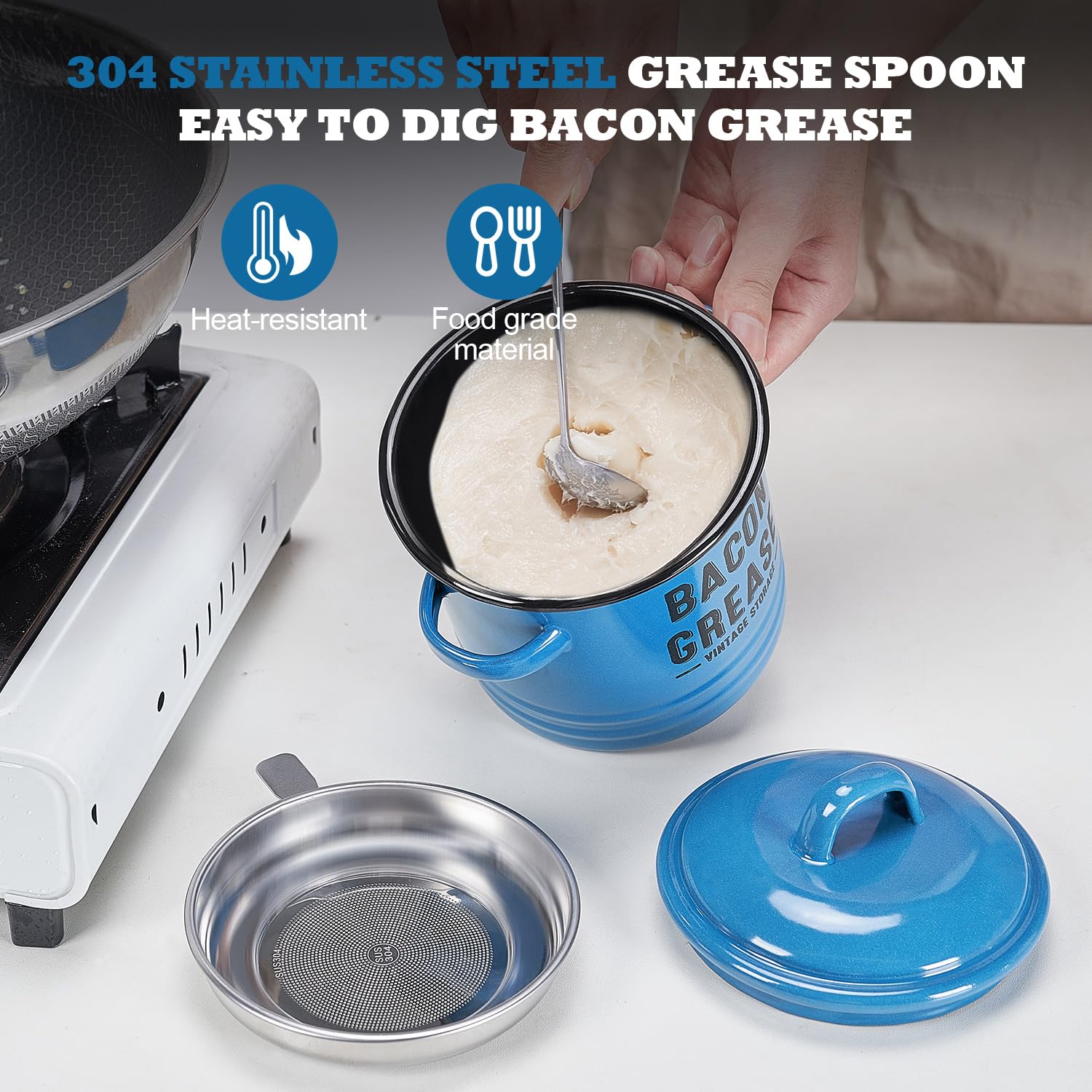 ONEARF Bacon Grease Container with Strainer - Large 46OZ Kitchen Oil Storage Can, Food Saver Bin with Lid | Farmhouse Cooking Pot Keeper Collector, Dishwasher Safe - Blue