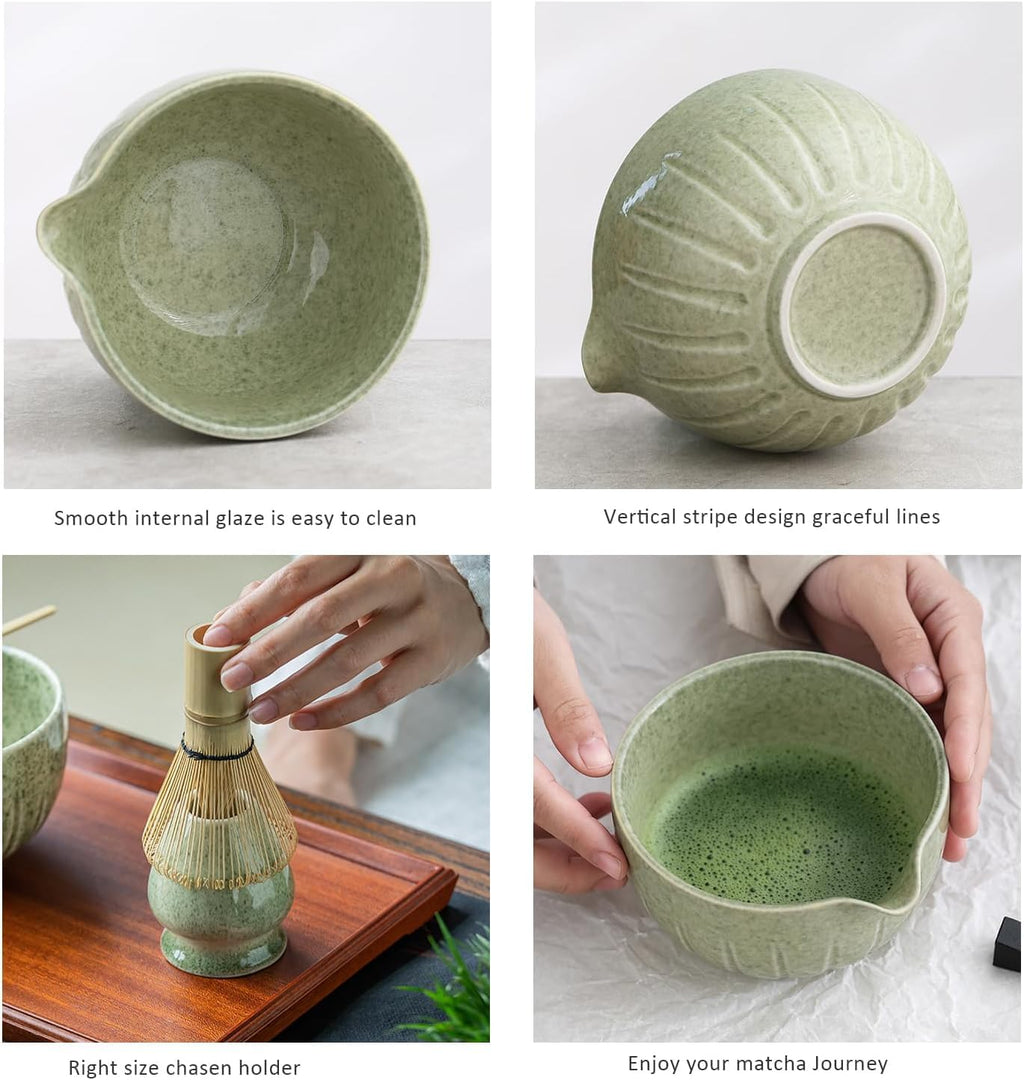 TANG PIN Matcha Set - 4pc Matcha Bowl, Whisk, Scoop & Stand | 15 OZ Mottled Green Tea Ceremony Kit
