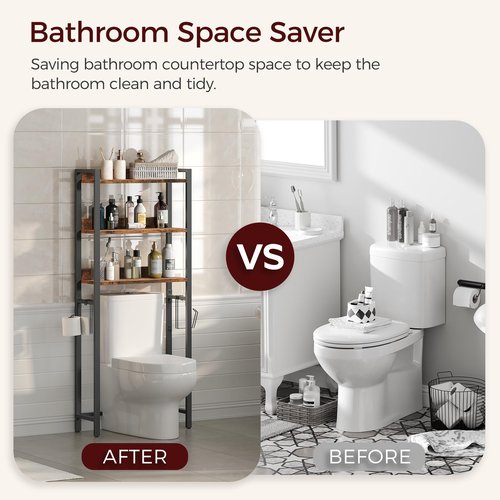MAHANCRIS Over The Toilet Storage Rack, 3 Tier Bathroom Organizer Over Toilet, Freestanding Space Saver Toilet Stand with 2 Hooks, Bathroom Storage Shelf, Easy to Assemble, Rustic Brown TSHR6001