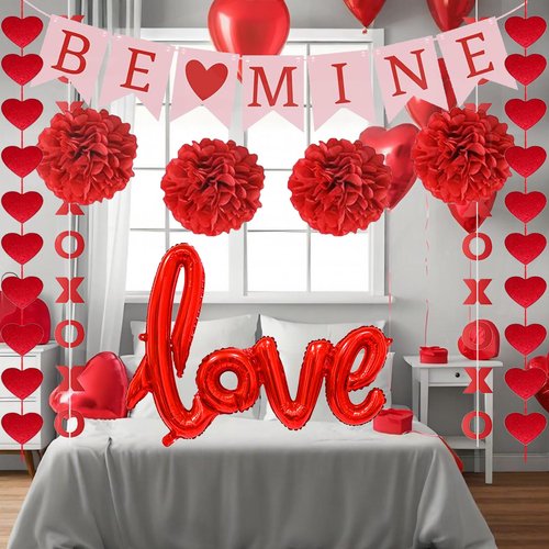 Valentines Day Decorations, Pre-Assembled Hanging Heart and XO Garlands, Be Mine Love Banner, Red Love Foil Balloon and Paper Ball, Valentine's Day Party Decor for Home Classroom Office