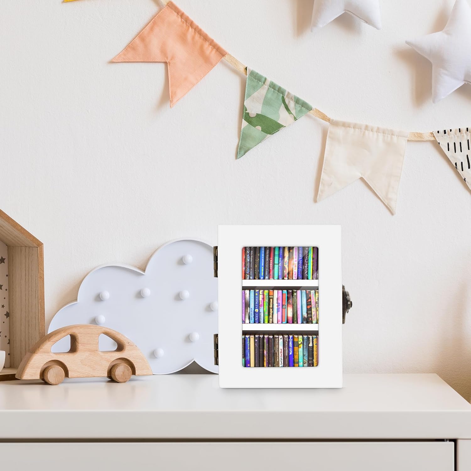 Regine Switzerland Mini Bookshelf | 60PCS Wooden Miniature Book Library for Stress Relief - White