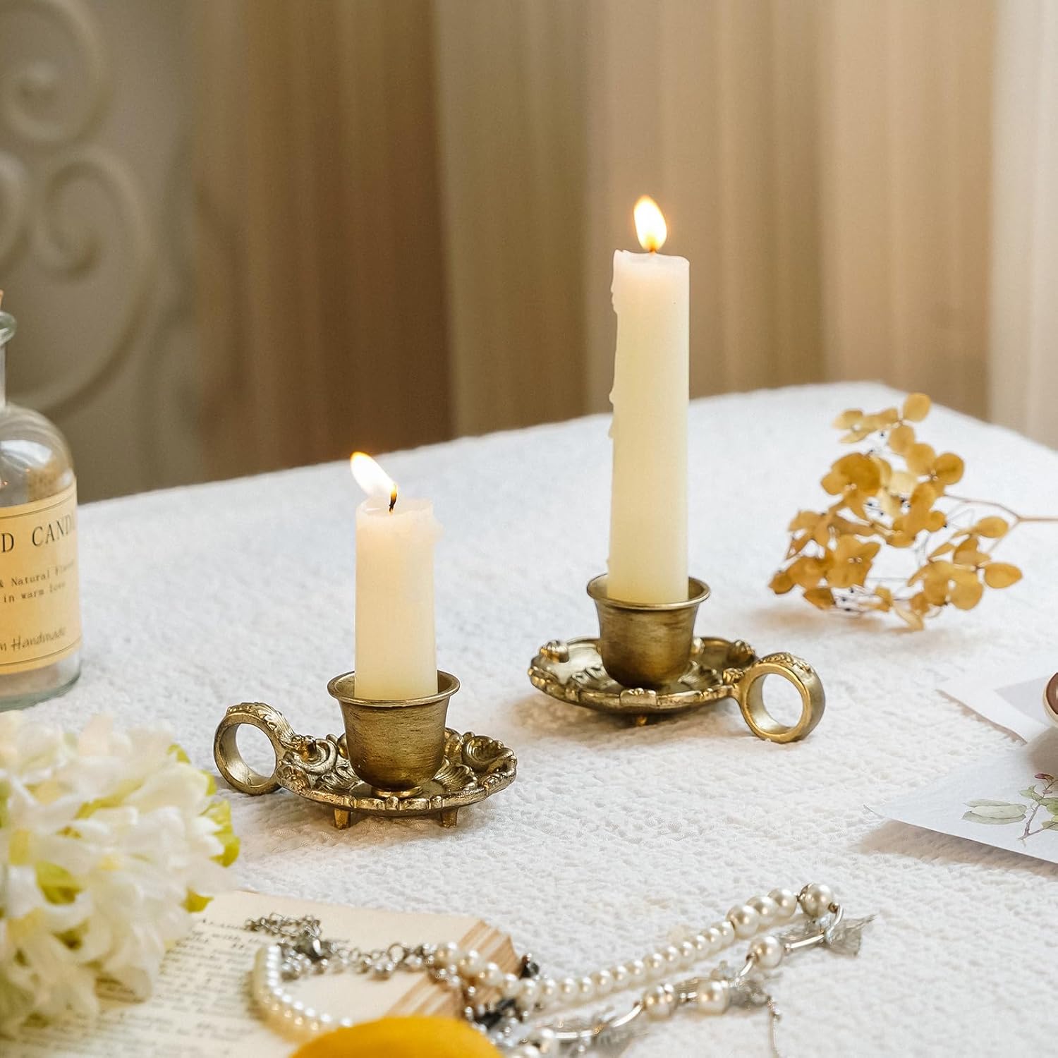 NIKKY HOME Gold Taper Candle Holders - Vintage Metal Candlestick Set of 2 for Table Centerpieces & Decor