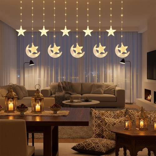 Fadraney Ramadan Curtain String Lights, 110 LED Warm White Window Lights with 10 Hanging Star & Moon Ornaments, 8 Modes Plug-in Star Moon Window Decor for Ramadan Eid Mubarak Home Balcony Mandir