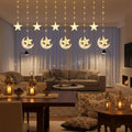Fadraney Ramadan Curtain String Lights, 110 LED Warm White Window Lights with 10 Hanging Star & Moon Ornaments, 8 Modes Plug-in Star Moon Window Decor for Ramadan Eid Mubarak Home Balcony Mandir
