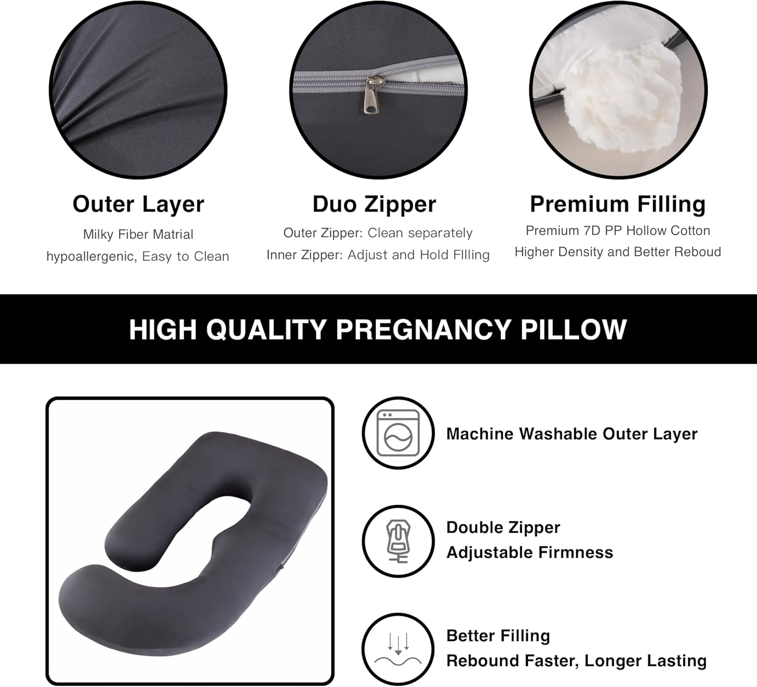 ALLOPERA Full Body Pregnancy Pillow - 57 Inch Maternity Support for Back, Neck, and Hips | Removable Washable Cover, Black Milk Fiber