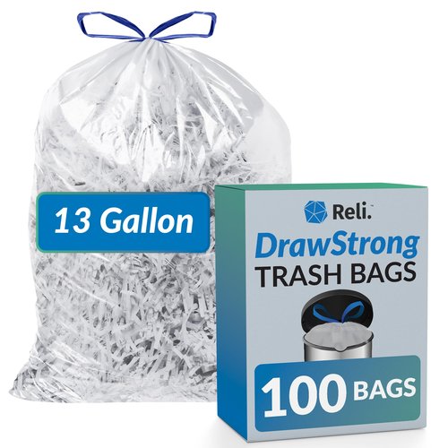 Reli. 13 Gallon Trash Bags Drawstring (100 Count) | Tall Kitchen Garbage Bags, Unscented | Ideal for Kitchen, Home | Clear Recycling Can Liners w/Drawstring
