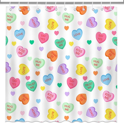Mocsicka Valentines Shower Curtain Colorful Candy Heart Bathroom Shower Curtain Valentine Love Heart Waterproof Fabric Shower Curtains Bathtub Decor with 12 Hooks 72 X 72 Inches