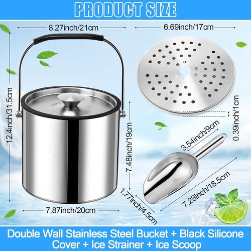 meekoo 4 L Double Wall Insulated Ice Bucket with Lid, Scoop, Strainer, Handle Large Stainless Steel Wine Ice Bucket Upgraded Cover Keep Frozen Longer for Cocktail Bar Parties(Silver)