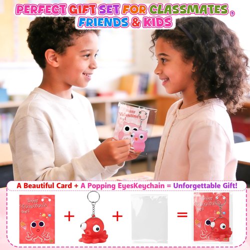vewicokop Valentine's Day Cards for Kids School with Pop-Eye Animal Keychains,24 Pack Squeezy Fidget Toys with Pop Out Eyes for Classroom Exchange Prizes, Party Favors,Kids Valentine Gifts Set
