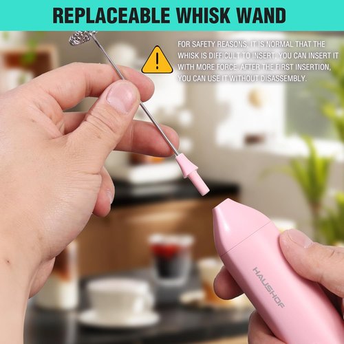 HAUSHOF Rechargeable Milk Frother Wand - Handheld Electric Foam Maker with Detachable Whisk | Pink