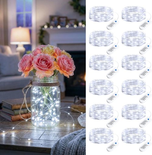 Minetom 12 Pack Battery Operated Fairy String Lights - 8 Modes, 7ft Waterproof Silver Wire | Ideal for Mason Jars & Parties