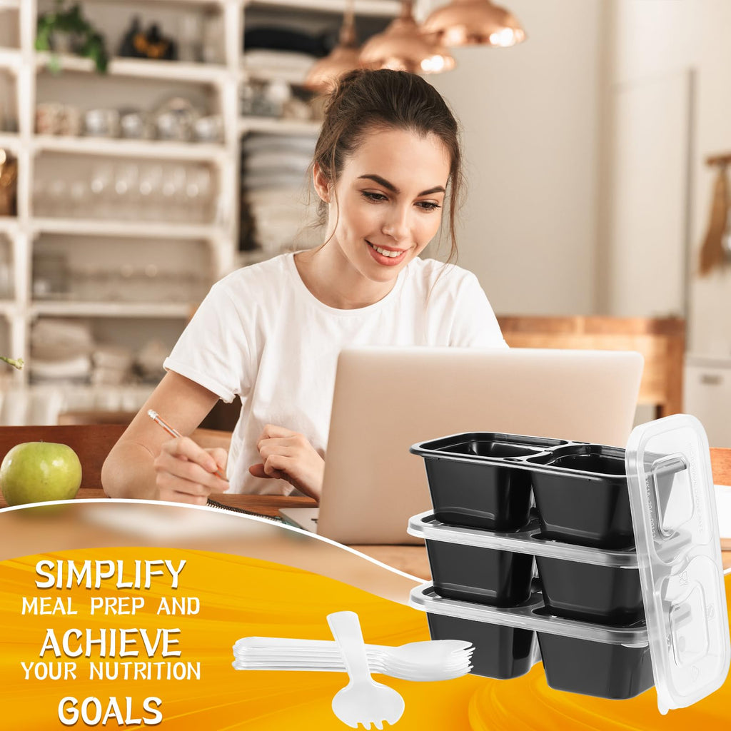 Teenyyou 20 Sets Reusable Snack Containers with Lids & Spoons Double Compartment Snack Containers for School Office Lunch Take Out Sauces Dips Microwave Safe (Black,Clear)