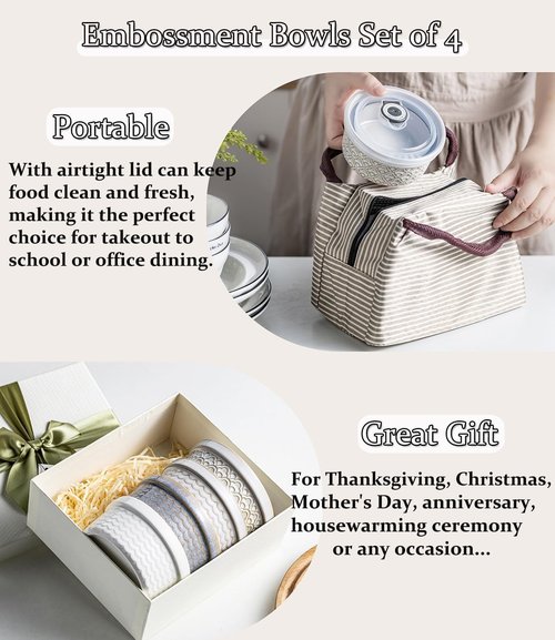 40 Oz Ramekins - Ceramic Airtight Bowls Set of 4 | Large Mixing Bowls with Lids for Salad, Soup, Pasta & Baking - Beige