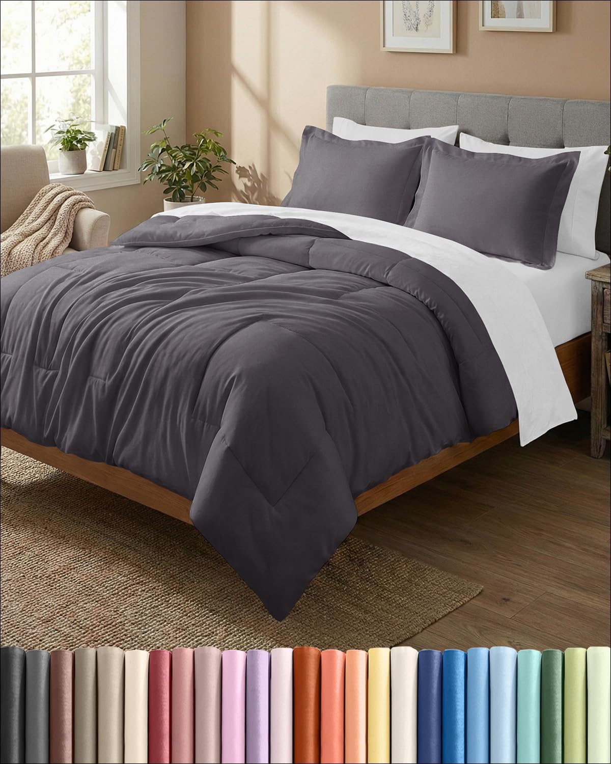 Queen Comforter Set - 3-Piece All-Season Bedding with Soft Quilted Comforter & 2 Pillow Shams - Dark Grey