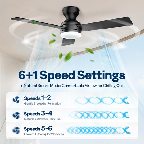VIVOHOME Ceiling Fans with Lights, 42 inch Low Profile Ceiling Fan with Light and Remote, Flush Mount for Bedroom, Living Room, Garage, 6+1 Speeds, 3CCT, Dimmable, Timer, Quiet Reversible, Black