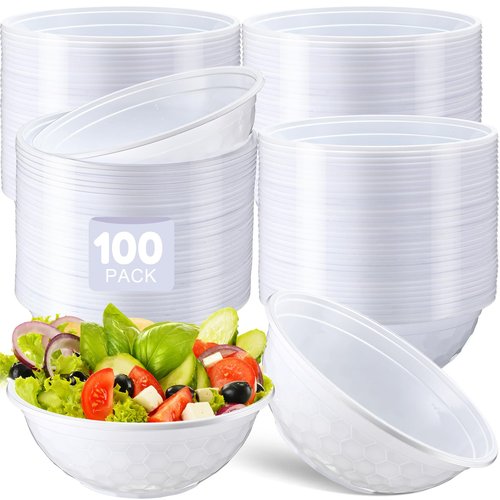 Newtay 100 Pack 32oz White Disposable Plastic Bowls Plastic Salad Bowls Large Stackable Serving Soup Dinnerware for Birthdays, Weddings, Parties, Festivals