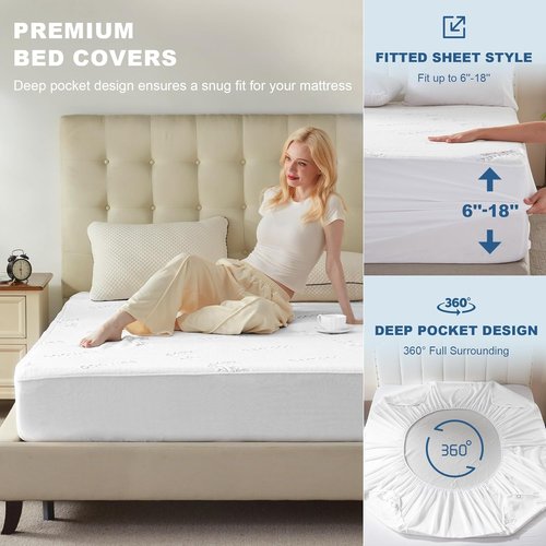 BEDLORE Queen Size Waterproof Mattress Protector - Soft Bamboo Viscose Fitted Cover, Deep Pocket, Machine Washable | White