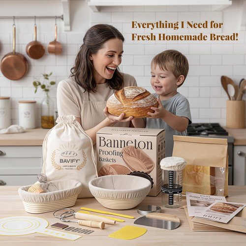 BAVIFY Sourdough Starter Kit, 9" Round & 10" Oval Banneton Bread Proofing Baskets Set with Jar, Sourdough Bread Baking Supplies Bread Making Tools, Sourdough Kit Gifts for Bakers Women