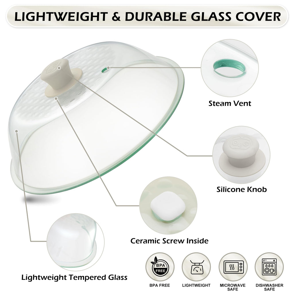 OEC Lighter Weight Tempered Glass Microwave Splatter Cover - 12.5 inch (Inner Diameter 11.4”) - Heat-Resistant - Durable Glass Lid with Vent, Silicone Knob, Dishwasher Safe, 100% Food Grade - BPA Free