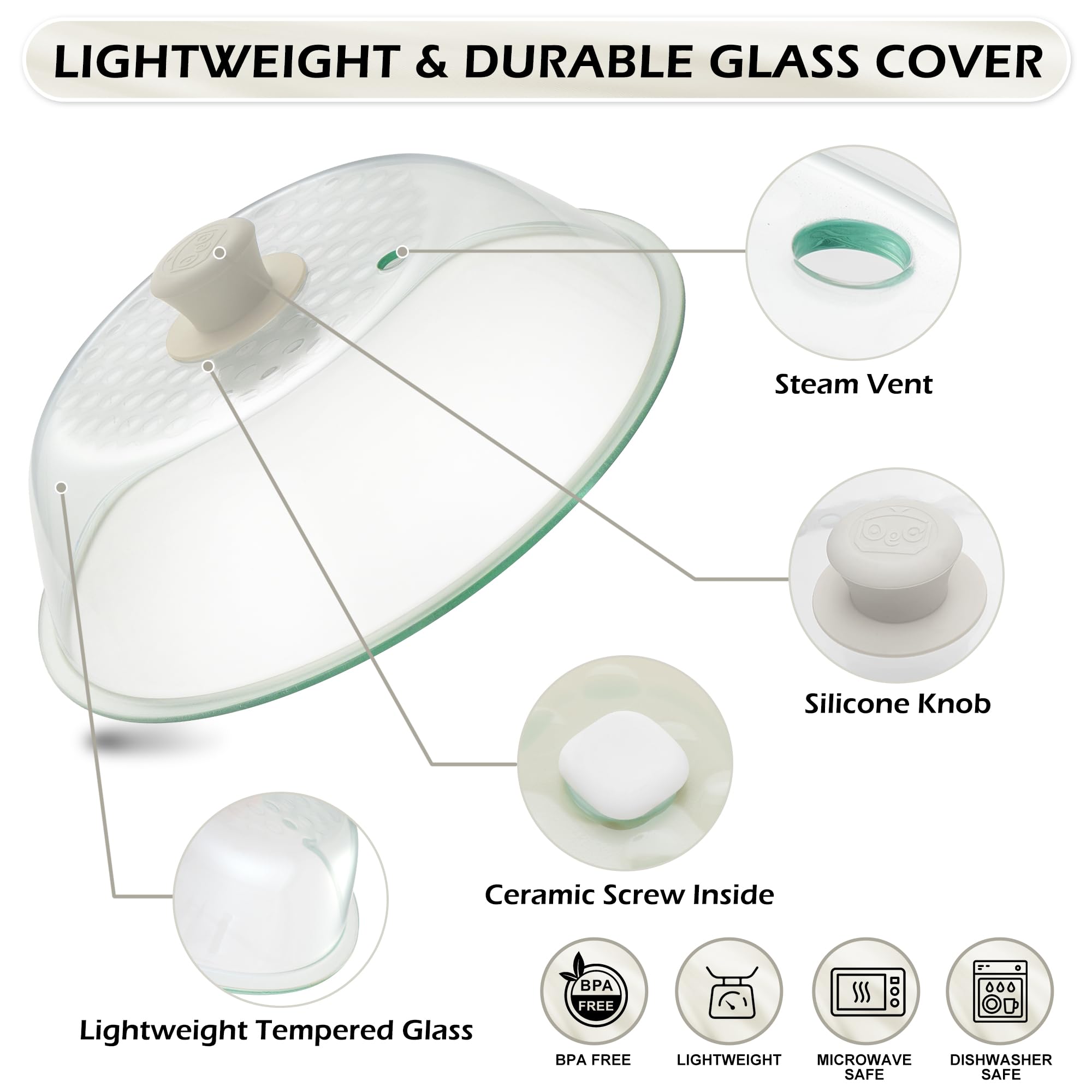 OEC Lighter Weight Tempered Glass Microwave Splatter Cover - 12.5 inch (Inner Diameter 11.4”) - Heat-Resistant - Durable Glass Lid with Vent, Silicone Knob, Dishwasher Safe, 100% Food Grade - BPA Free
