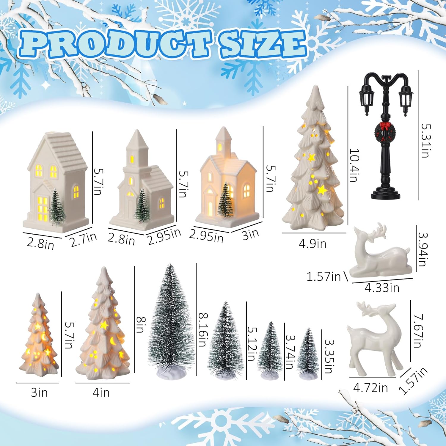 Nuogo 14-Piece Ceramic White LED Christmas Village Houses Set | Includes Tree & Reindeer Figurine