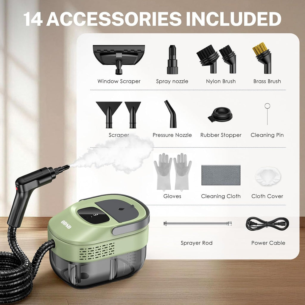 ODSD Steam Cleaner - 3-Level Adjustable Handheld Steamer for Home & Car | 15s Heat-Up, 1.6L Tank, 15 Accessories