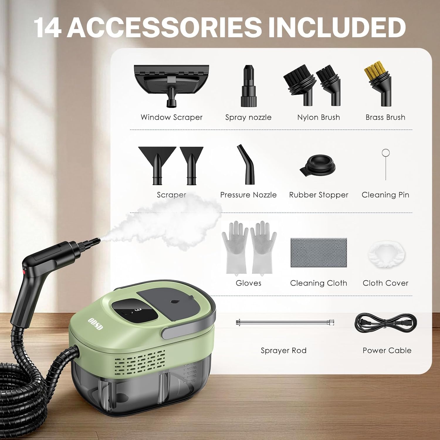ODSD Steam Cleaner - 3-Level Adjustable Handheld Steamer for Home & Car | 15s Heat-Up, 1.6L Tank, 15 Accessories