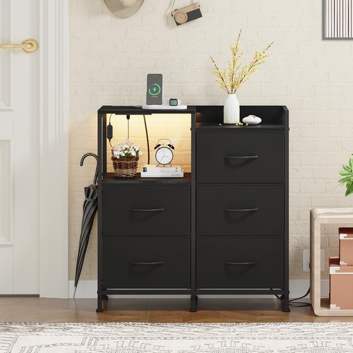 Somdot Black Nightstand with Charging Station and LED Light, Wide 5 Drawers Dresser for Bedroom with Fabric Bins and Open Shelf for Bedroom Kids Closet Dorm Guest Room, Black