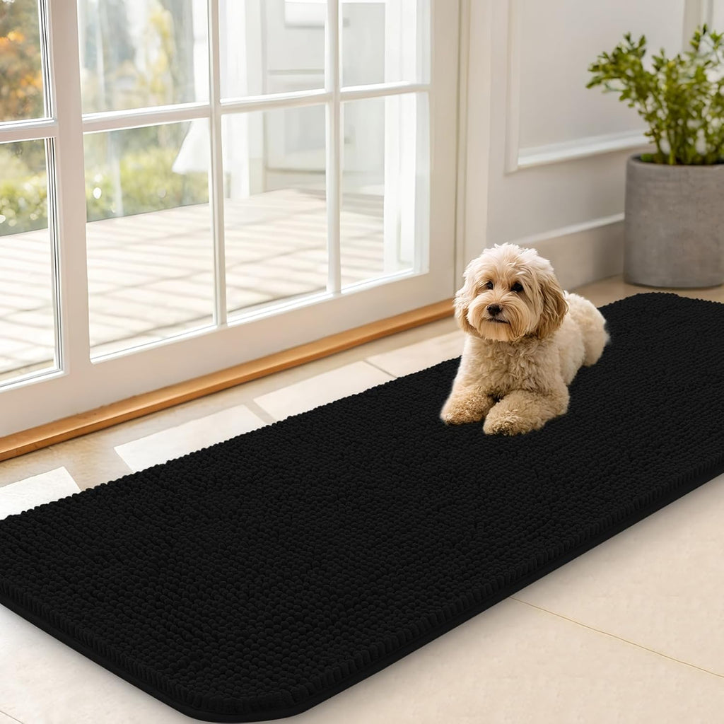 OLANLY Dog Door Mat - Absorbent Non-Slip Chenille Mat for Muddy Paws | 59x20 Inches, Quick Dry, Black