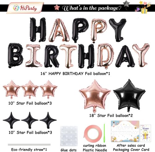 Happy Birthday Banner - 3D Mylar Foil Letter Balloons & 8 Star Balloons | Black & Rose Gold Party Decor