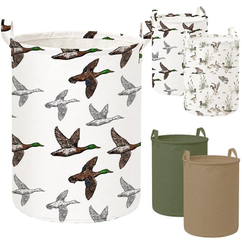 Weysat 4 Pcs Mallard Duck Laundry Basket Round Laundry Hamper Easter Basket Stuffer Waterproof Collapsible Clothes Storage Bin Organizer with Handles for Home Closets Bedrooms Nursery Room Decor