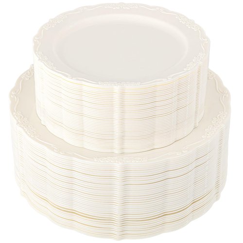 U-QE 100 Pieces Ivory Plastic Plates for Party - Ivory Disposable Plastic Plates - Heavy Duty Disposable Platos Including 50 Dinner 10 '' & 50 Dessert 7.5 '' for Valentine's Day
