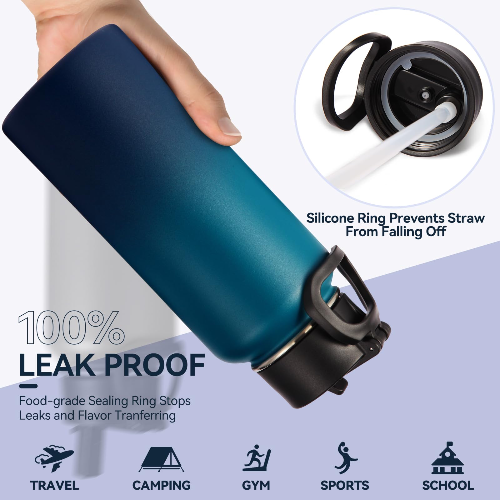 Neihepal 32 oz Insulated Water Bottles with 2 Lids (Straw & Spout Lid), 18/8 Stainless Steel Double Wall Water Bottle for Gym, Travel, Camping, Sports (Assorted,2 Pack)