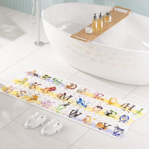 AmazerBath Baby Bath Mat Non Slip, Cartoon Kids Bath Mat for Tub 40 x 16 Inches Full Size Shower Stall Mats - Alphabets & Animals