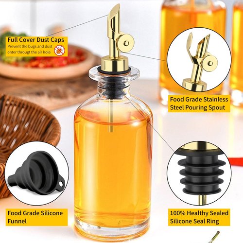 QPIX DIGITAL Weighted Stainless Steel Pourers, 4 Pcs Auto Flip Olive Oil Dispenser Spout, Alcohol Pourer Spouts, Liquor Bottle Pourers with Silicone Funnel, Gold Oil Dispenser for Kitchen