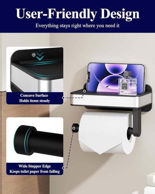 Kitsure Toilet Paper Holder - Matte Black Wall-Mount Storage with Shelf | Space-Saving Design, 7.1" W