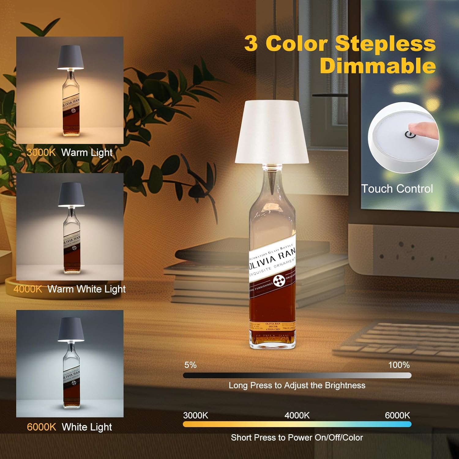 Wireless Bottle Lamp,2025 New 3 Color Rechargeable Wine Bottle Lights for Bars Restaurants (White, 1pc)