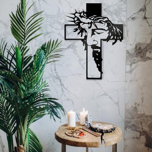 Black Jesus Wall Cross Decor - Metal Crucifix Sculpture for Living Room | Grateful Christian Gift (12.59" x 9.84")