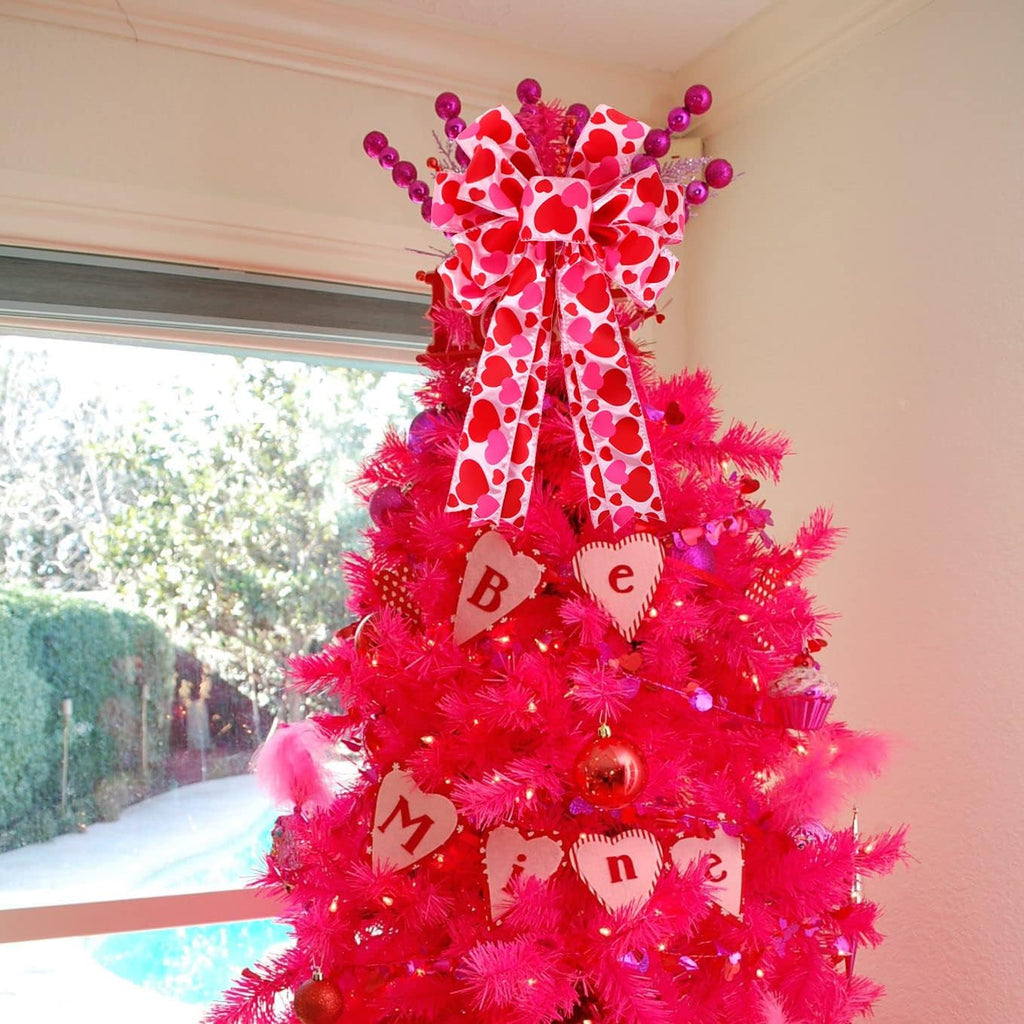 Valentine Tree Topper Bow by [Brand Name] - Large Red & Pink Heart Decorations | 11.4”x19.6” for Holiday Decor